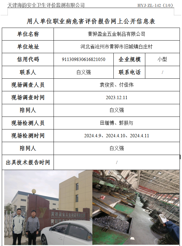 黄骅盈金五金制品有限公司职业病危害评价报告网上公开信息表