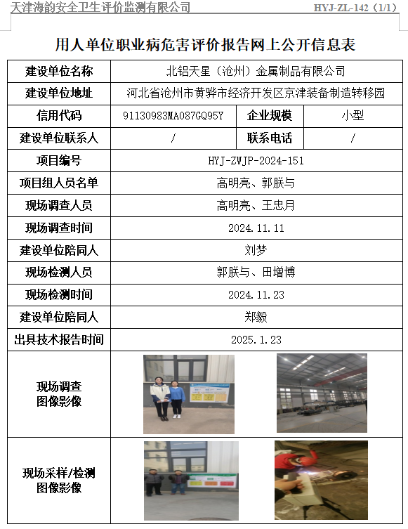 北铝天星（沧州）金属制品有限公司职业病危害评价报告网上公开信息表
