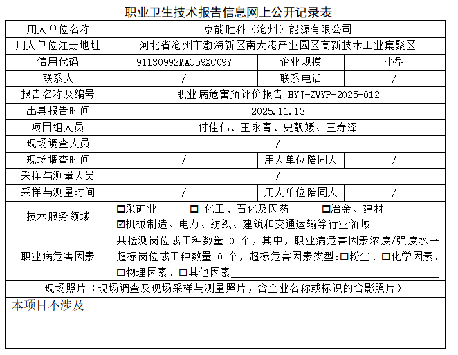 京能胜科（沧州）能源有限公司职业病危害评价报告网上公开信息表