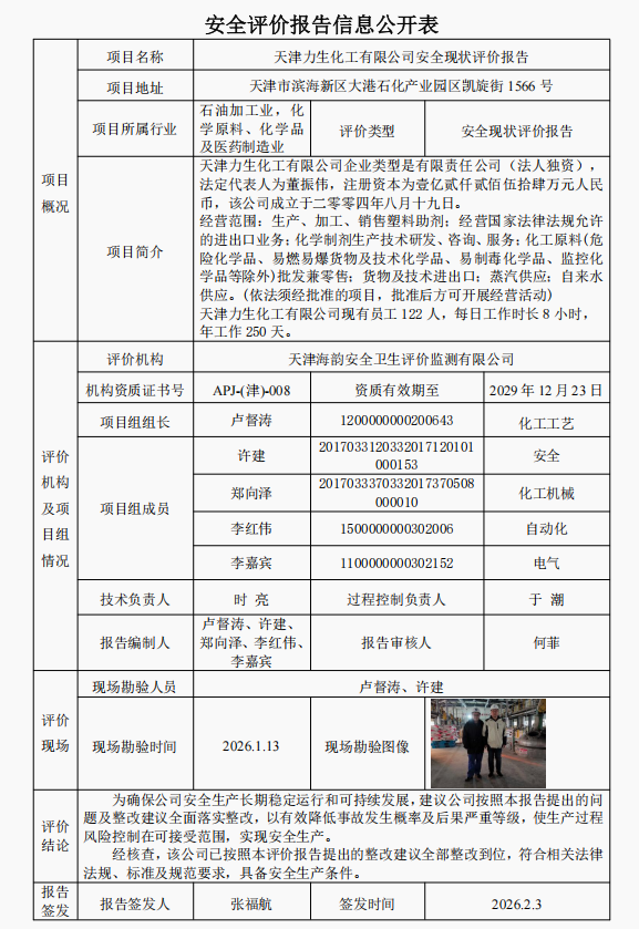 天津力生化工有限公司安全现状评价报告
