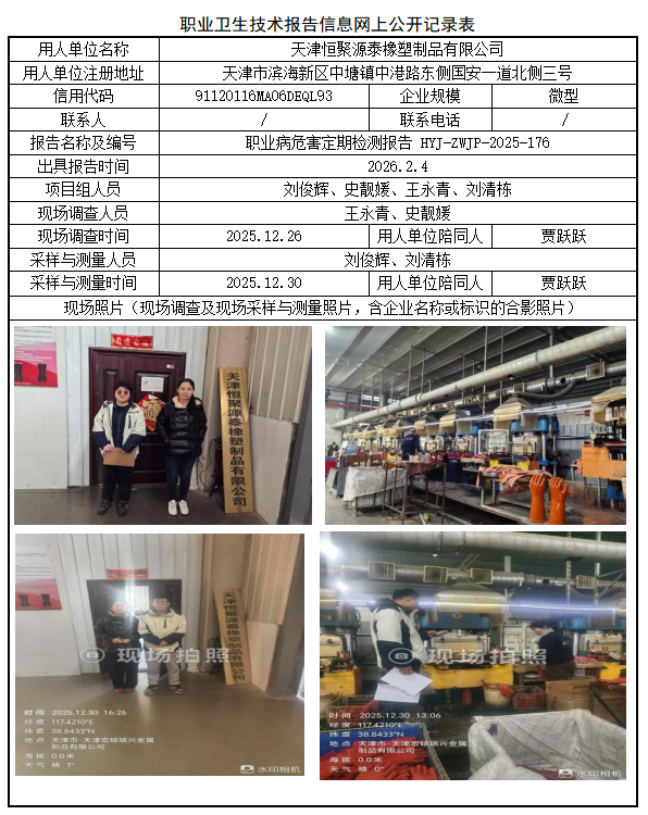 天津恒聚源泰橡塑制品有限公司职业病危害评价报告网上公开信息表