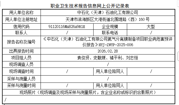 中石化（天津）石油化工有限公司职业病危害评价报告网上公开信息表